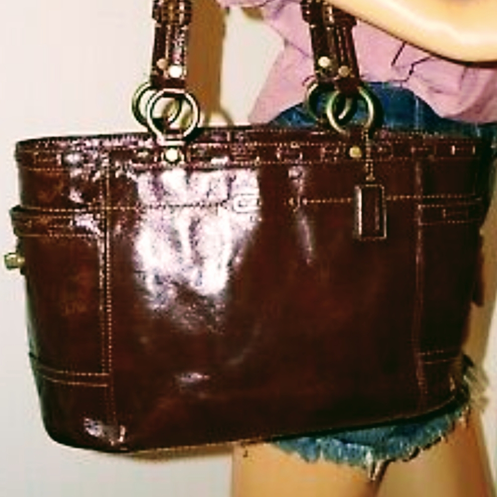 Coach Gallery Brown Patent Leather Satchel Tote Marron Charol Women Bags